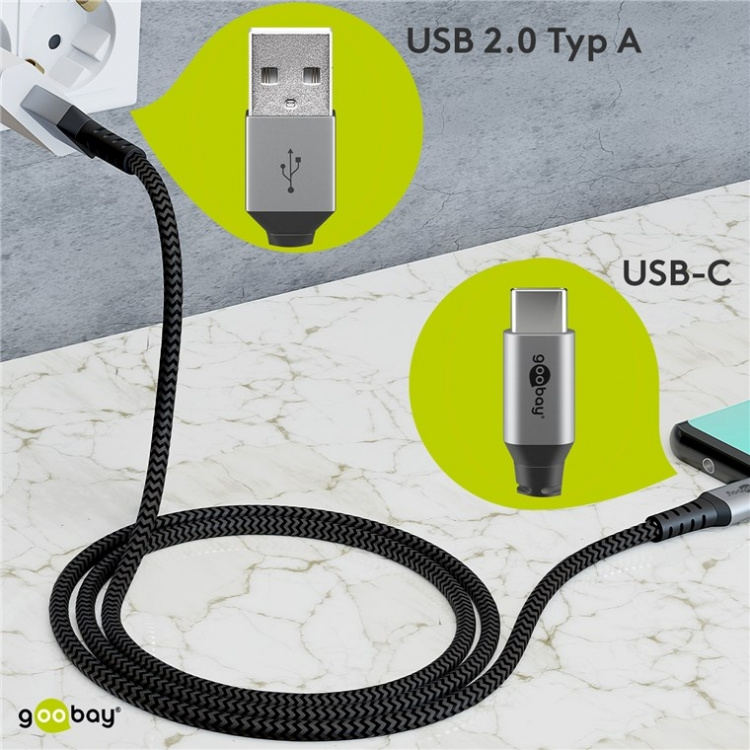 Goobay USB-C™ till USB-A textilkabel med metallkontakter 0,5 m elegant och extra robust anslutningskabel för enheter med USB-C™-port