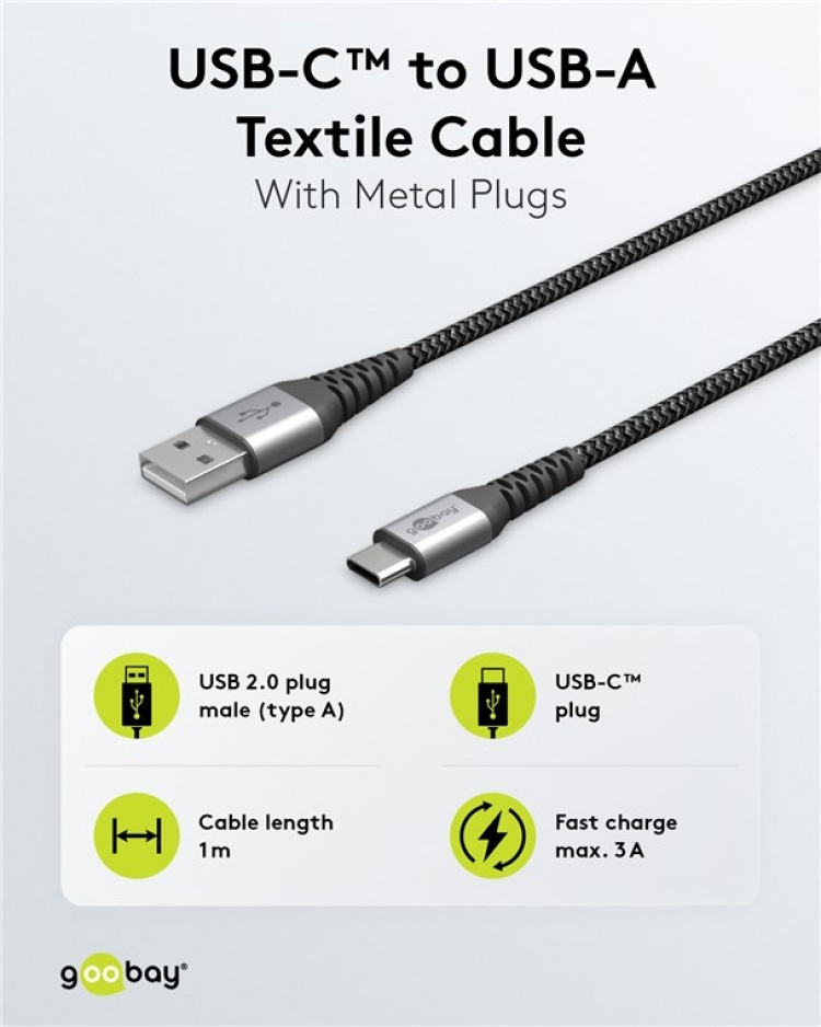 Goobay USB-C™ till USB-A textilkabel med metallkontakter 1 m elegant och extra robust anslutningskabel för enheter med USB-C™-port Goobay USB-C™ till USB-A textilkabel med metallkontakter 1 m elegant och extra robust anslutningskabel för enheter med USB-C™-port