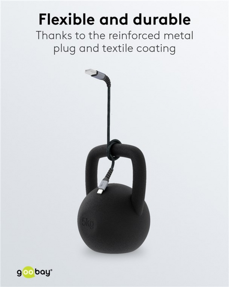 Goobay USB-C™ till USB-A textilkabel med metallkontakter 1 m elegant och extra robust anslutningskabel för enheter med USB-C™-port Goobay USB-C™ till USB-A textilkabel med metallkontakter 1 m elegant och extra robust anslutningskabel för enheter med USB-C™-port