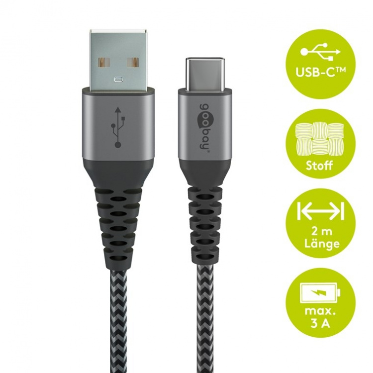 Goobay USB-C™ till USB-A textilkabel med metallkontakter 2 m elegant och extra robust anslutningskabel för enheter med USB-C™-port