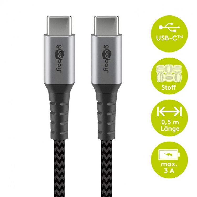 Goobay USB-C™-till-USB-C™-textilkabel med metallkontakter 0,5 m elegant och extra robust anslutningskabel för enheter med USB-C™-port Goobay USB-C™-till-USB-C™-textilkabel med metallkontakter 0,5 m elegant och extra robust anslutningskabel för enheter med USB-C™-port