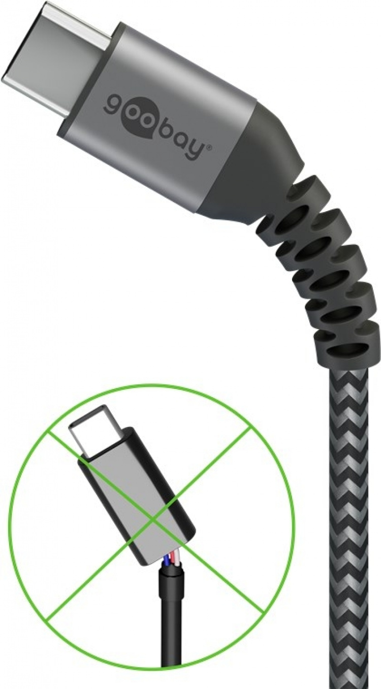 Goobay USB-C™-till-USB-C™-textilkabel med metallkontakter 2 m elegant och extra robust anslutningskabel för enheter med USB-C™-port Goobay USB-C™-till-USB-C™-textilkabel med metallkontakter 2 m elegant och extra robust anslutningskabel för enheter med USB-C™-port