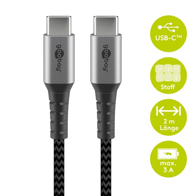 Goobay USB-C™-till-USB-C™-textilkabel med metallkontakter 2 m elegant och extra robust anslutningskabel för enheter med USB-C™-port Goobay USB-C™-till-USB-C™-textilkabel med metallkontakter 2 m elegant och extra robust anslutningskabel för enheter med USB-C™-port