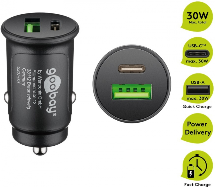 Goobay Dual-USB Auto Fast Charger USB-C™ PD (Power Delivery) (30 W) 30W (12/24V)lämplig för enheter med USB-C™ (Ström Delivery), såsom iPhone 12 Goobay Dual-USB Auto Fast Charger USB-C™ PD (Power Delivery) (30 W) 30W (12/24V)lämplig för enheter med USB-C™ (Ström Delivery), såsom iPhone 12