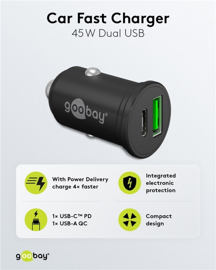 Goobay Dubbel USB-billadare USB-C™ PD (Power Delivery) (45 W) 45 W (12/24 V), lämplig för enheter med USB-C™ (Power Delivery), t.ex. iPhone 12 Goobay Dubbel USB-billadare USB-C™ PD (Power Delivery) (45 W) 45 W (12/24 V), lämplig för enheter med USB-C™ (Power Delivery), t.ex. iPhone 12