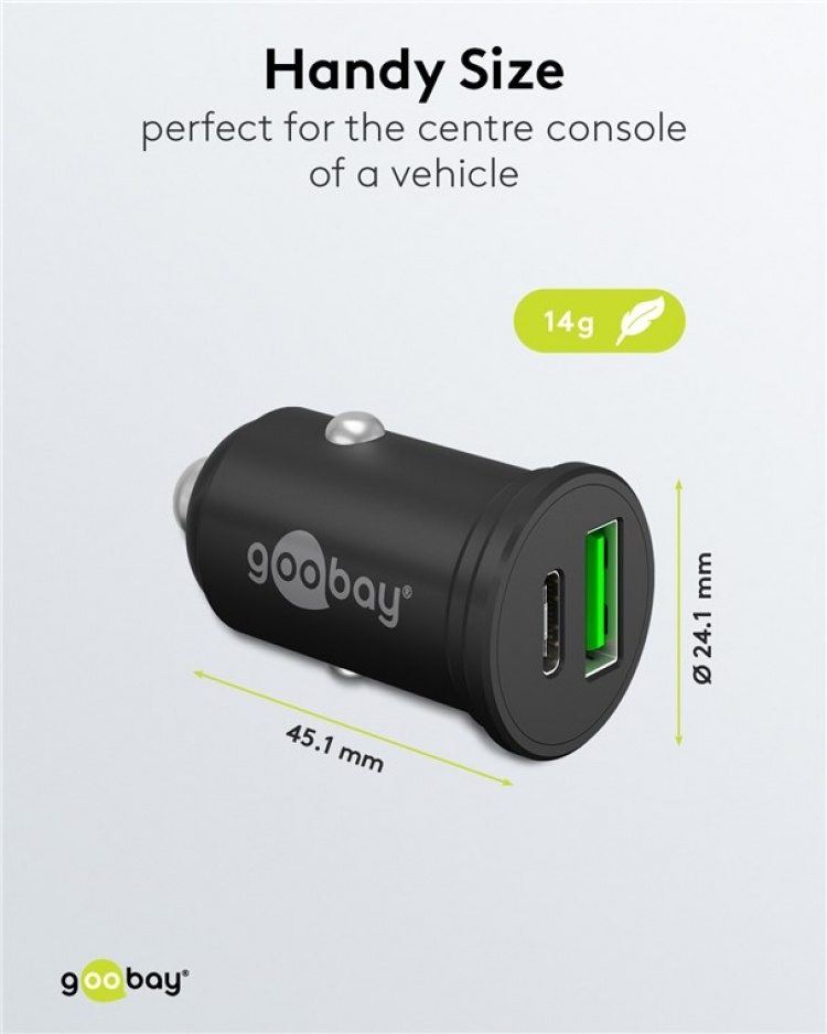 Goobay Dubbel USB-billadare USB-C™ PD (Power Delivery) (45 W) 45 W (12/24 V), lämplig för enheter med USB-C™ (Power Delivery), t.ex. iPhone 12 Goobay Dubbel USB-billadare USB-C™ PD (Power Delivery) (45 W) 45 W (12/24 V), lämplig för enheter med USB-C™ (Power Delivery), t.ex. iPhone 12