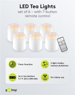 Goobay Uppsättning med 6 LED-värmeljus ljusuppsättning med fjärrkontroll, för inomhusbruk (IP20), varmvitt (2700 K), laddning via USB