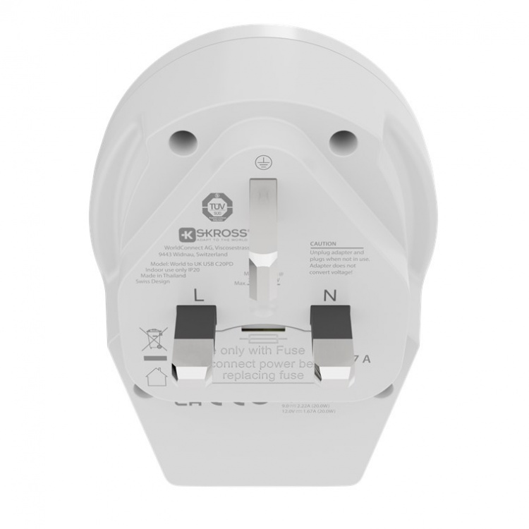SKROSS World Adapter - World to UK USB-C™ PD för alla jordade och ojordade enheter (2- och 3-poliga), med integrerad, ultrasnabb USB-C™-laddare (Power Delivery) SKROSS World Adapter - World to UK USB-C™ PD för alla jordade och ojordade enheter (2- och 3-poliga), med integrerad, ultrasnabb USB-C™-laddare (Power Delivery)