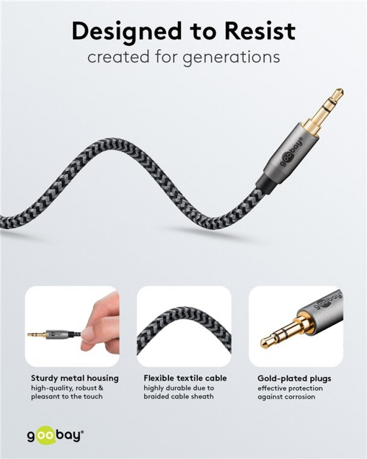Goobay Ljudanslutningskabel AUX, 3,5 mm stereo, 2 m, Sharkskin Grey Pawl 3,5 mm plugg (3-stift, Stereo) > Pawl 3,5 mm plugg (3-stift, Stereo)