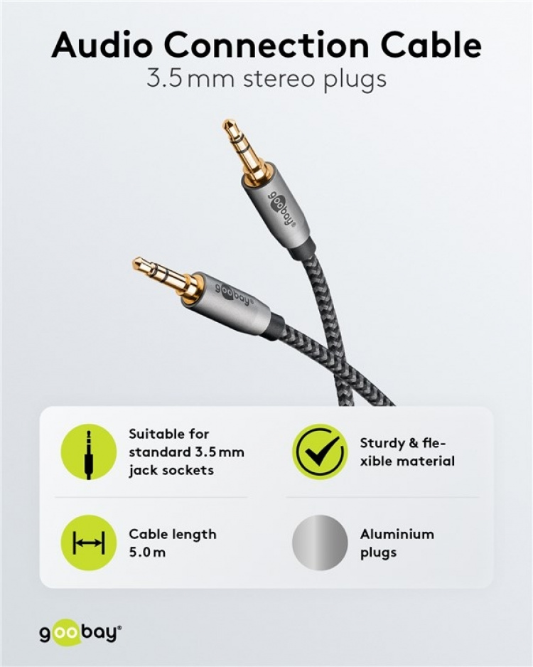 Goobay Ljudanslutningskabel AUX, 3,5 mm stereo, 5 m, Sharkskin Grey Pawl 3,5 mm plugg (3-stift, Stereo) > Pawl 3,5 mm plugg (3-stift, Stereo) Goobay Ljudanslutningskabel AUX, 3,5 mm stereo, 5 m, Sharkskin Grey Pawl 3,5 mm plugg (3-stift, Stereo) > Pawl 3,5 mm plugg (3-stift, Stereo)