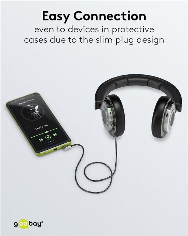 Goobay Ljudanslutningskabel AUX, 3,5 mm stereo, 90°, 0,5 m, Sharkskin Grey Pawl 3,5 mm plugg (3-stift, Stereo) > Pawl 3,5 mm plugg (3-stift, stereo) 90 °