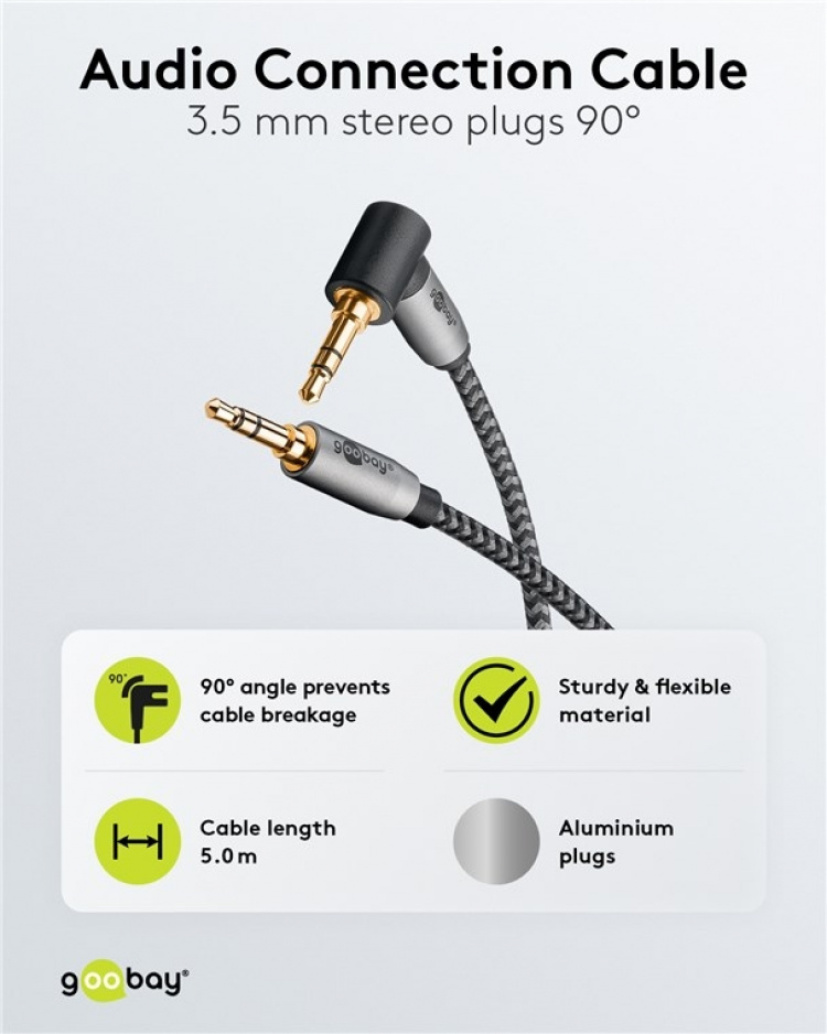 Goobay Ljudanslutningskabel AUX, 3,5 mm stereo, 90°, 5 m, Sharkskin Grey Pawl 3,5 mm plugg (3-stift, Stereo) > Pawl 3,5 mm plugg (3-stift, stereo) 90 °