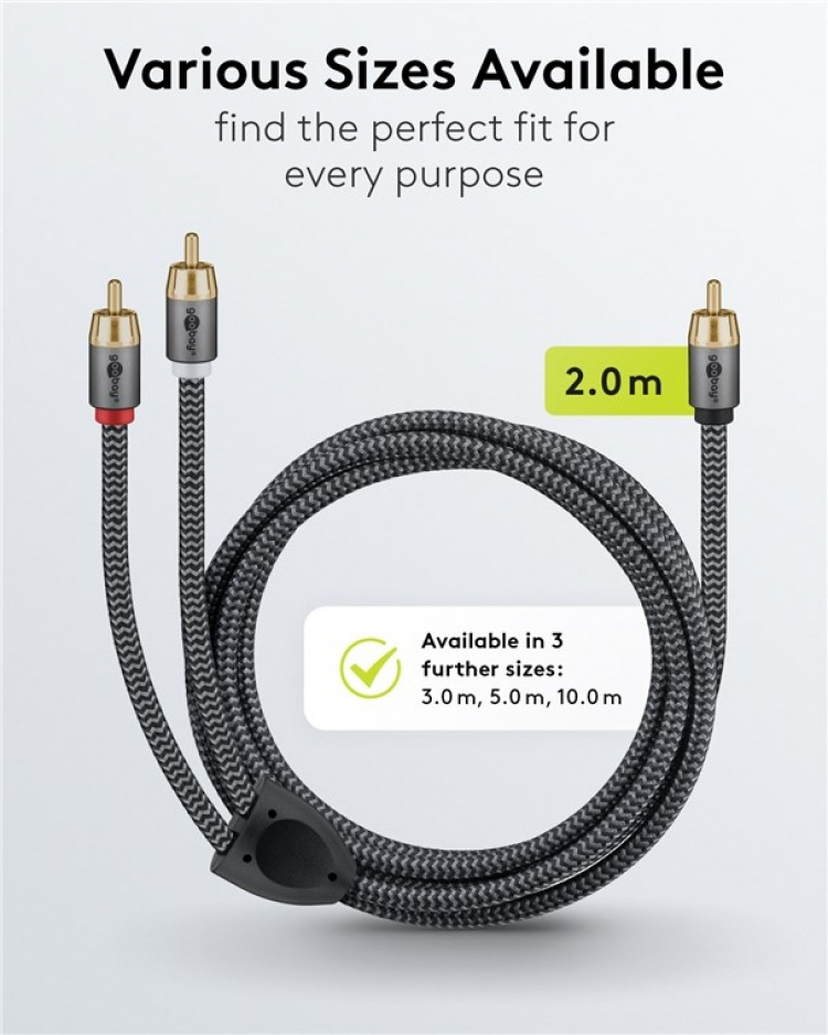 Goobay RCA-splitterkabel, 2 m, Sharkskin Grey Cinch kontakten (woofer, Center) > 2x Cinch kontakten (woofer)