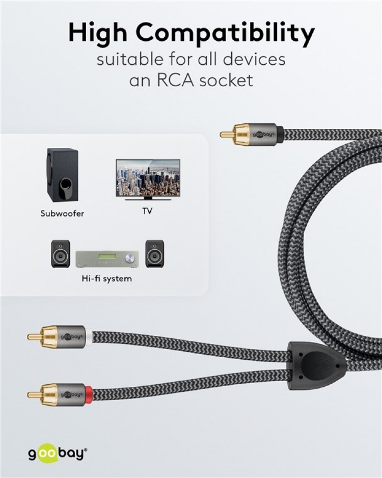 Goobay RCA-splitterkabel, 2 m, Sharkskin Grey Cinch kontakten (woofer, Center) > 2x Cinch kontakten (woofer)