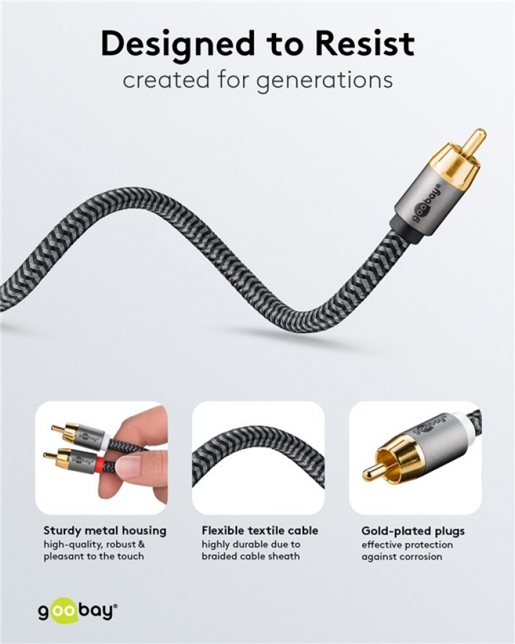 Goobay RCA-splitterkabel, 5 m, Sharkskin Grey Cinch kontakten (woofer, Center) > 2x Cinch kontakten (woofer)