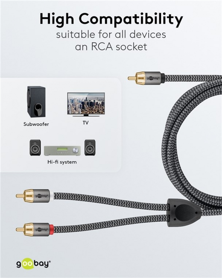 Goobay RCA-splitterkabel, 5 m, Sharkskin Grey Cinch kontakten (woofer, Center) > 2x Cinch kontakten (woofer)