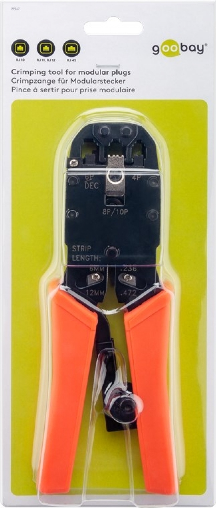 Goobay Crimptång för modularkontakter, kompakt version för crimpning av 4-, 6-, 8- och 10-poliga Western-kontakter av typ RJ10, RJ11, RJ12, RJ45 och RJ50 samt DEC Goobay Crimptång för modularkontakter, kompakt version för crimpning av 4-, 6-, 8- och 10-poliga Western-kontakter av typ RJ10, RJ11, RJ12, RJ45 och RJ50 samt DEC