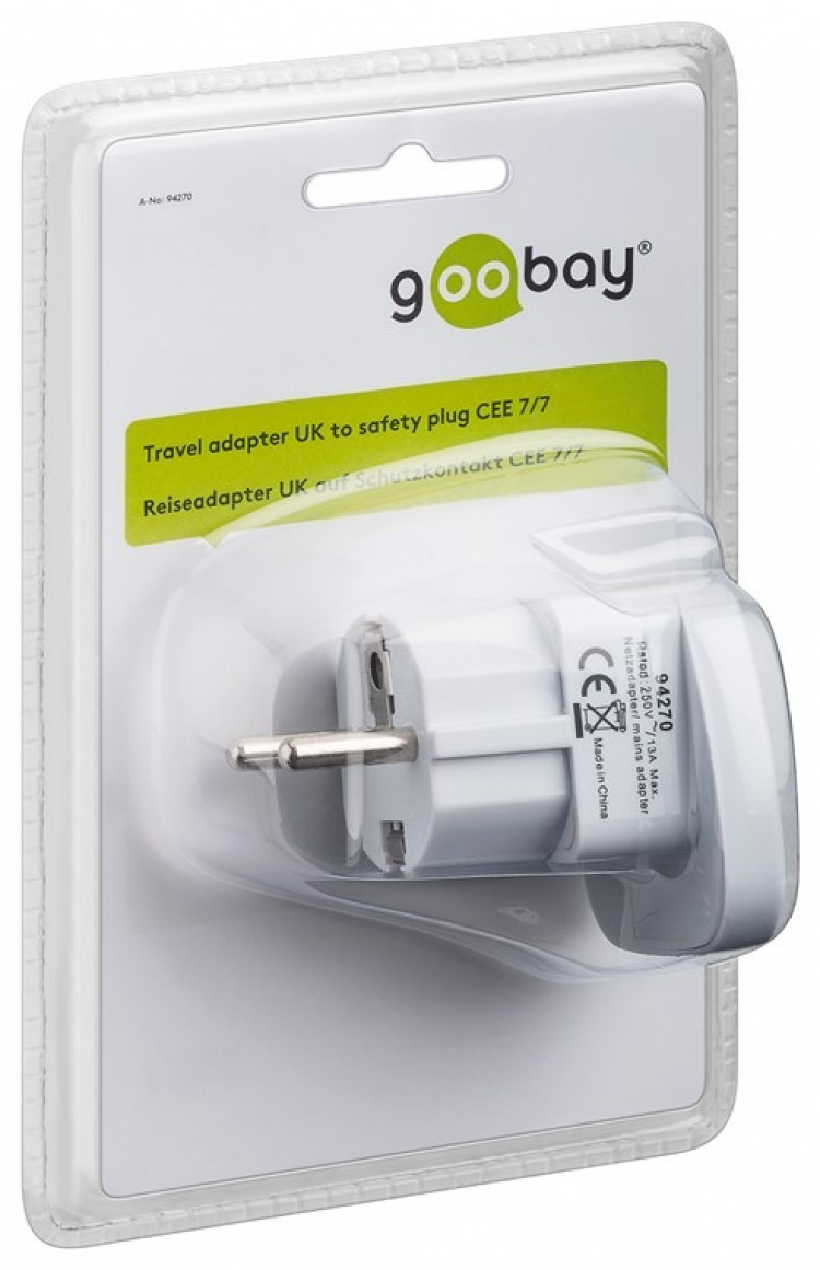 Goobay Reseadapter Storbritannien till EU, vit UK-uttag > stickkontakt med skyddsjord (typ F, CEE 7/7)