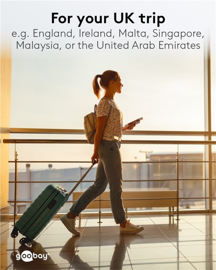 Goobay Nätadapter Storbritannien, svart uttag med skyddsjord (typ F, CEE 7/3) > brittisk 3-polig kontakt (typ G, BS 8546) Goobay Nätadapter Storbritannien, svart uttag med skyddsjord (typ F, CEE 7/3) > brittisk 3-polig kontakt (typ G, BS 8546)