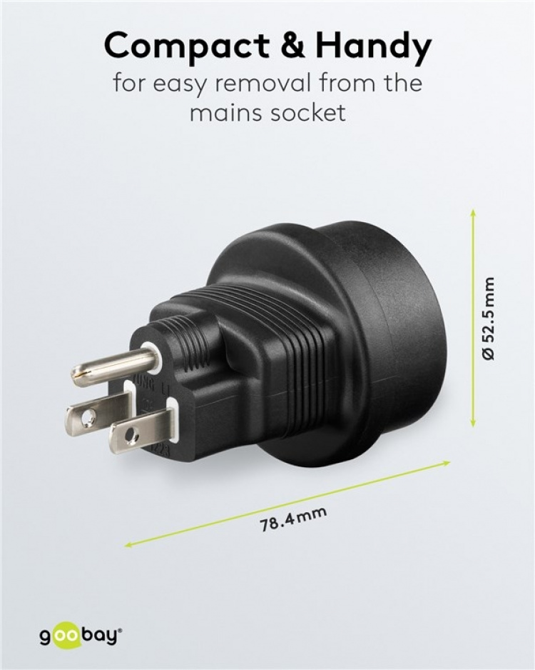 Goobay Nätadapter US, svart uttag med skyddsjord (typ F, CEE 7/3) > Amerikansk/japansk kontakt (typ B, NEMA 5-15, 3-polig)