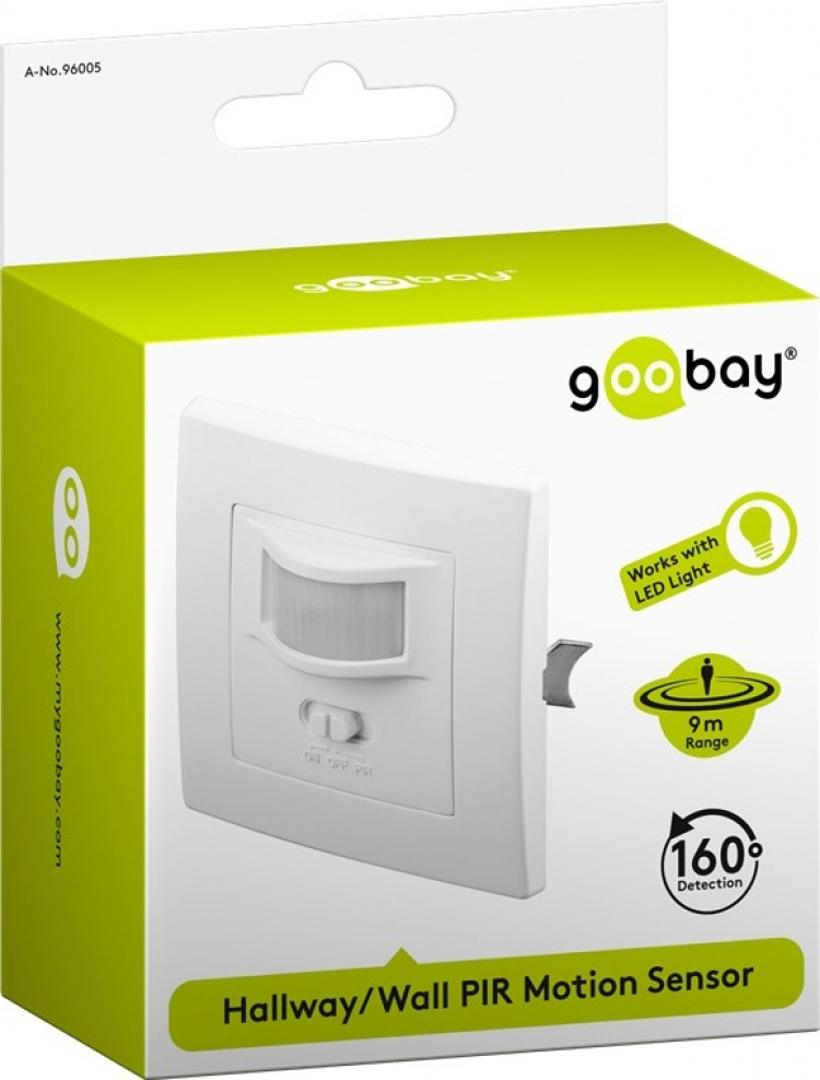 Goobay Infraröd rörelsedetektor för infälld väggmontering, 160° detektion, 9 m räckvidd, för inomhusbruk (IP20), LED-anpassad Goobay Infraröd rörelsedetektor för infälld väggmontering, 160° detektion, 9 m räckvidd, för inomhusbruk (IP20), LED-anpassad