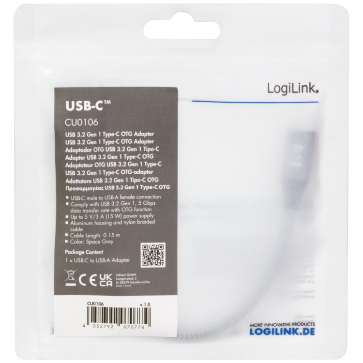 LogiLink USB-C -hane till USB-A hona OTG 15W 0,15m