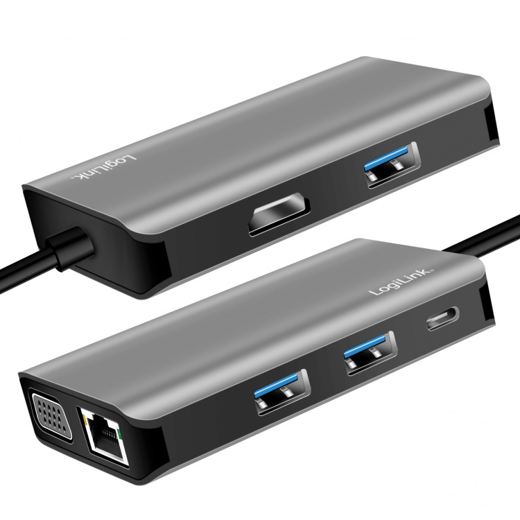 LogiLink USB-C-dockningsstation 7-i-1 HDMI/VGA/RJ45/USB-C 100W PD