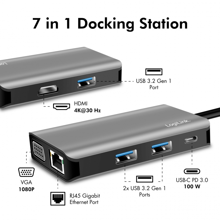 LogiLink USB-C-dockningsstation 7-i-1 HDMI/VGA/RJ45/USB-C 100W PD