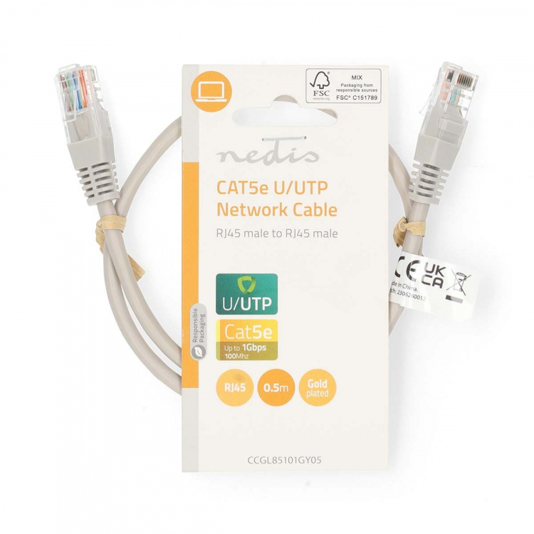 Nedis CAT5e nätverkskabel | U/UTP | RJ45 hane | RJ45 hane | 0.50 m | Rund | PVC | Grå | Label Nedis CAT5e nätverkskabel | U/UTP | RJ45 hane | RJ45 hane | 0.50 m | Rund | PVC | Grå | Label