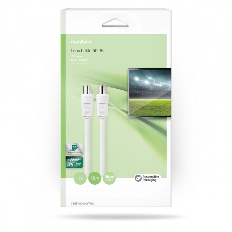 Nedis Koaxialkabel | IEC (Koax) Hane | IEC (Koax) Hona | Nickelplaterad | 90 dB | 75 Ohm | Dubbelskärmad | 10.0 m | Rund | PVC | Vit | Låda