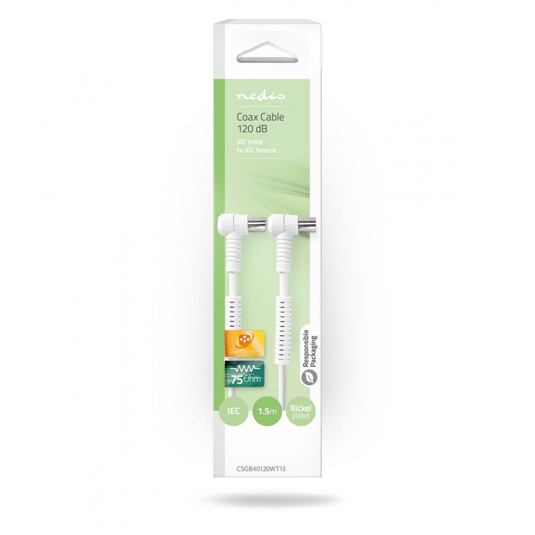 Nedis Koaxialkabel | IEC (Koax) Hane | IEC (Koax) Hona | Nickelplaterad | 120 dB | 75 Ohm | Fyra skydd | 1.50 m | Rund | PVC | Vit | Låda