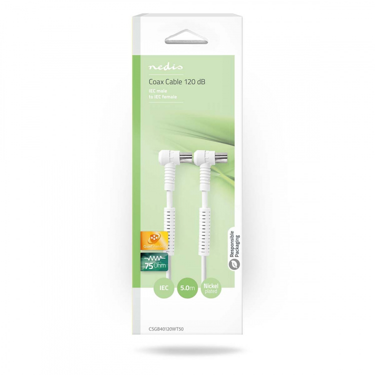 Nedis Koaxialkabel | IEC (Koax) Hane | IEC (Koax) Hona | Nickelplaterad | 120 dB | 75 Ohm | Fyra skydd | 5.00 m | Rund | PVC | Vit | Låda