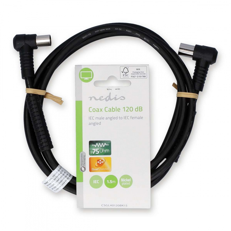 Nedis Koaxialkabel | IEC (Koax) Hane | IEC (Koax) Hona | Nickelplaterad | 120 dB | 75 Ohm | Fyra skydd | 1.50 m | Rund | PVC | Svart | Label Nedis Koaxialkabel | IEC (Koax) Hane | IEC (Koax) Hona | Nickelplaterad | 120 dB | 75 Ohm | Fyra skydd | 1.50 m | Rund | PVC | Svart | Label