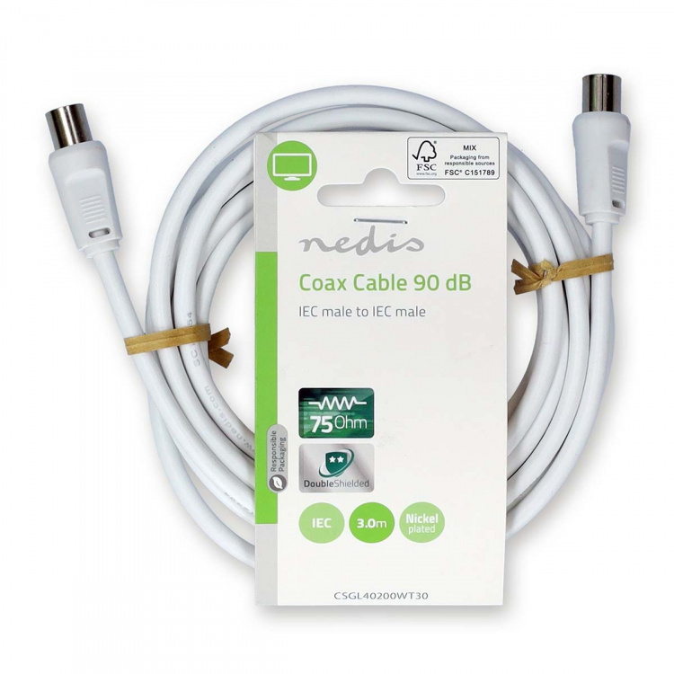 Nedis Koaxialkabel | IEC (Koax) Hane | IEC (Koax) Hane | Nickelplaterad | 90 dB | 75 Ohm | Dubbelskärmad | 3.00 m | Rund | PVC | Vit | Label Nedis Koaxialkabel | IEC (Koax) Hane | IEC (Koax) Hane | Nickelplaterad | 90 dB | 75 Ohm | Dubbelskärmad | 3.00 m | Rund | PVC | Vit | Label