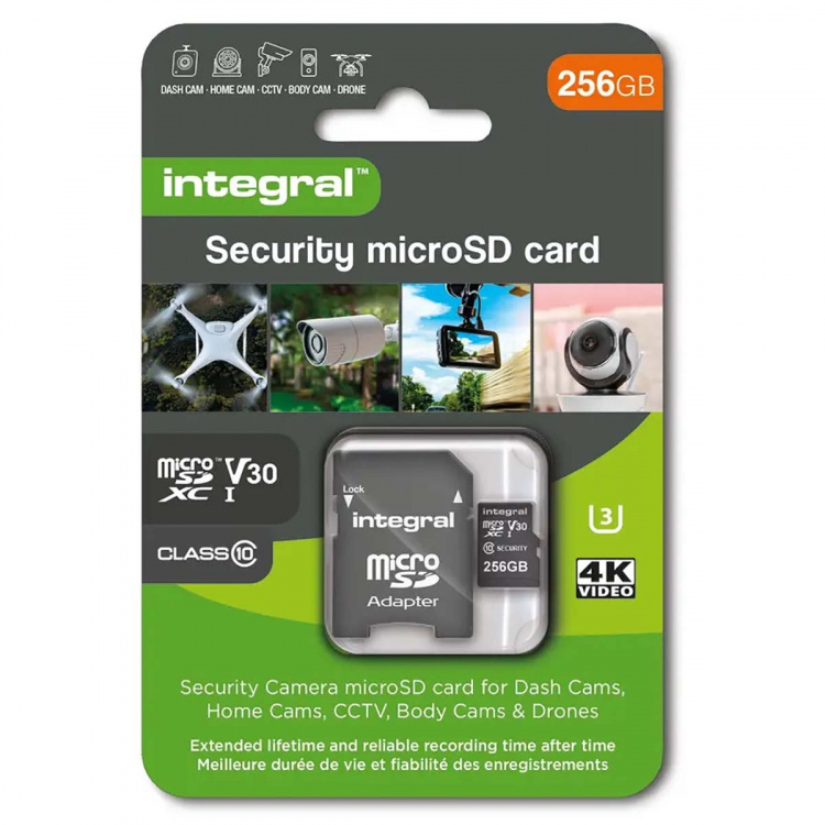Integral 256 GB säkerhetskamera microSD-kort för färdkameror, hemmakameror, CCTV, kroppskameror och drönare