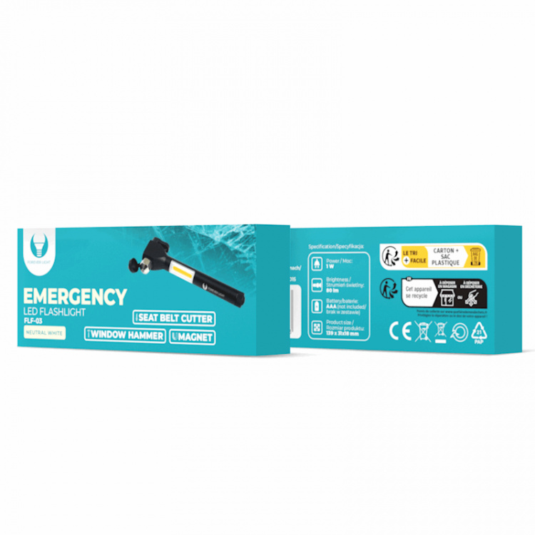 Forever Light EMERGENCY - Nödhammare med inbyggd LED-Lampa, Bilbältesskärare och Magnet Forever Light EMERGENCY - Nödhammare med inbyggd LED-Lampa, Bilbältesskärare och Magnet