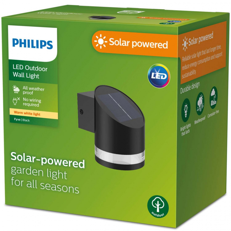 Philips Fyve Vägglampa Vinklad Solcell Ultra Efficient LED 200lm Svart Philips Fyve Vägglampa Vinklad Solcell Ultra Efficient LED 200lm Svart