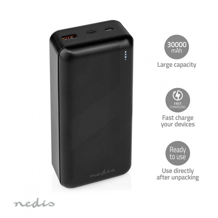 Nedis Powerbank | 30000 mAh | 1.5 / 2.0 / 3.0 A | Antal utgångar: 2 | Utgångsanslutning: 1x USB-A / 1x USB-C™ | Ingångsanslutning: 1x Micro USB / 1x USB-C™ | PD3.0 20W | Litium-polymer