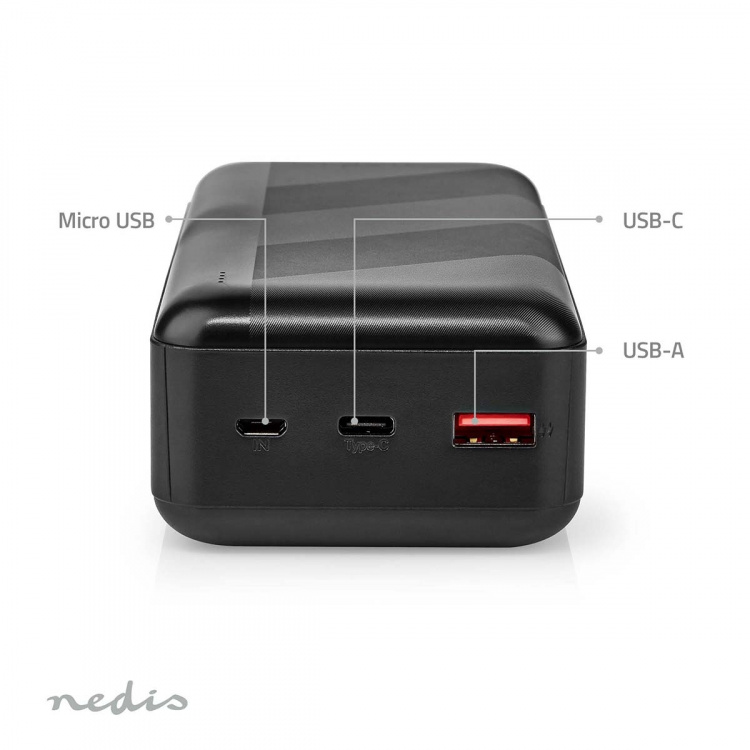 Nedis Powerbank | 32000 mAh | 2.4 / 3.0 / 3.25 A | Antal utgångar: 2 | Utgångsanslutning: 1x USB-A / 1x USB-C™ | Ingångsanslutning: 1x Micro USB / 1x USB-C™ | PD3.0 45W / PD3.0 65W | Litium-polymer