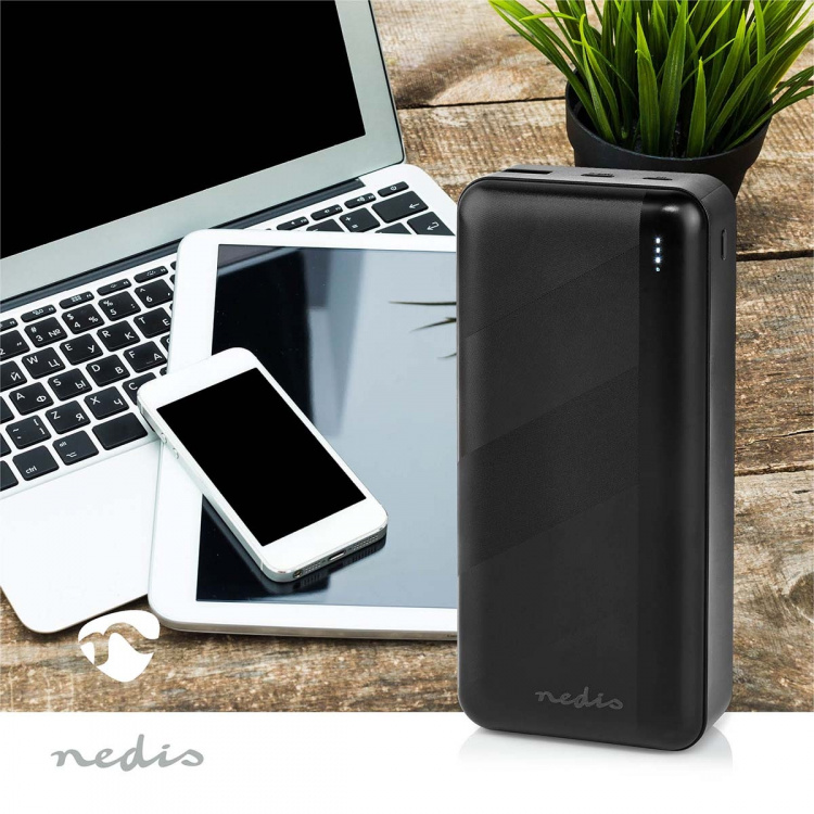 Nedis Powerbank | 32000 mAh | 2.4 / 3.0 / 3.25 A | Antal utgångar: 2 | Utgångsanslutning: 1x USB-A / 1x USB-C™ | Ingångsanslutning: 1x Micro USB / 1x USB-C™ | PD3.0 45W / PD3.0 65W | Litium-polymer