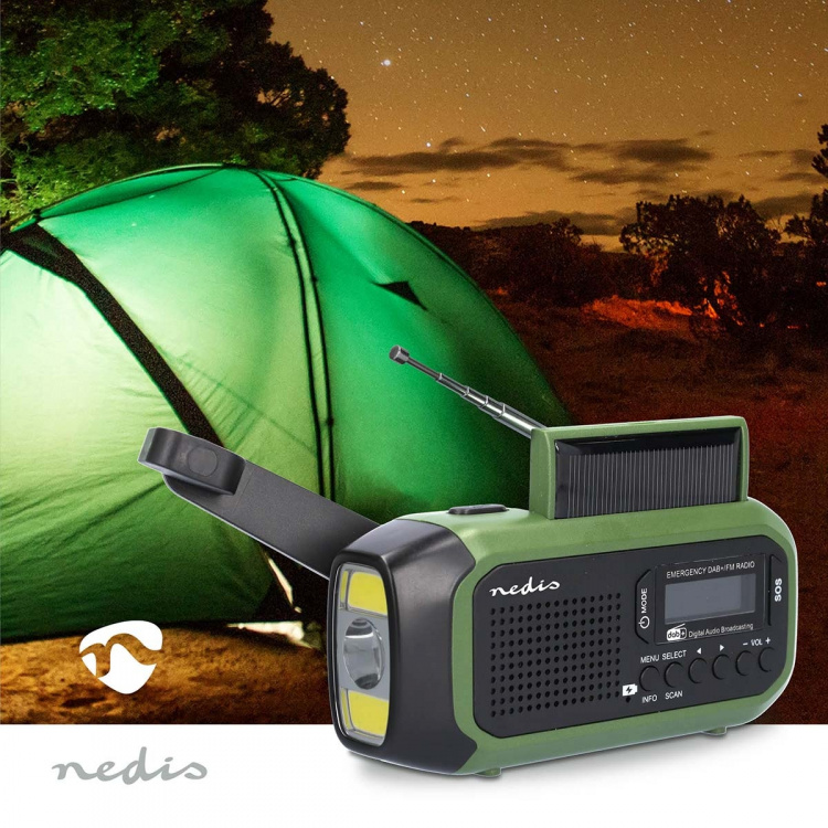 Nedis Nödradio | Portabel design | DAB+ / FM | Batteridriven / Handvev / Solar Powered / USB ström | Väckarklocka | Grön / Svart