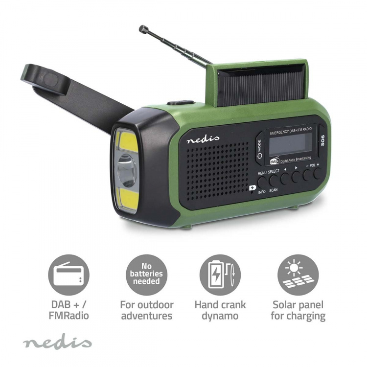 Nedis Nödradio | Portabel design | DAB+ / FM | Batteridriven / Handvev / Solar Powered / USB ström | Väckarklocka | Grön / Svart