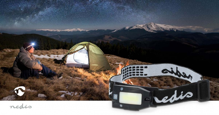 Nedis LED huvudlampa | Batteridriven / USB ström | 3.7 V DC | batterier medföljer | Uppladdningsbara | Angivet ljusflöde: 180 lm | Belysningsräckvidd: 20 m
