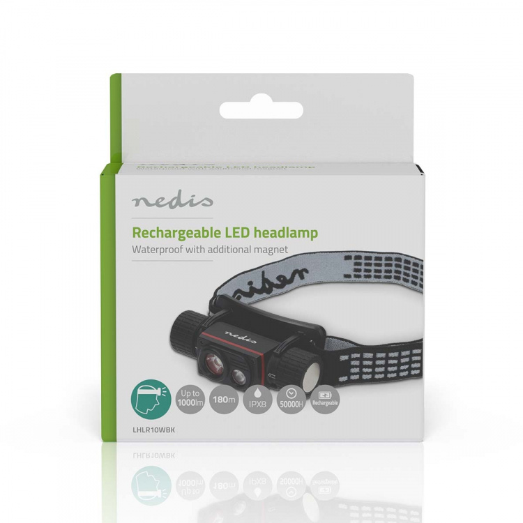 Nedis LED huvudlampa | Batteridriven / USB ström | 3.7 V DC | batterier medföljer | Uppladdningsbara | Angivet ljusflöde: 1000 lm | Belysningsräckvidd: 180 m Nedis LED huvudlampa | Batteridriven / USB ström | 3.7 V DC | batterier medföljer | Uppladdningsbara | Angivet ljusflöde: 1000 lm | Belysningsräckvidd: 180 m