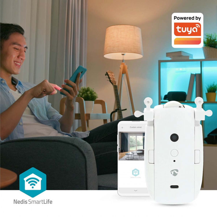 Nedis SmartLife Robot med Gardin | I-Skena / U-Skena | Draperier / Gardiner | Batteridriven / USB ström | 4000 mAh | Bluetooth® | Vit