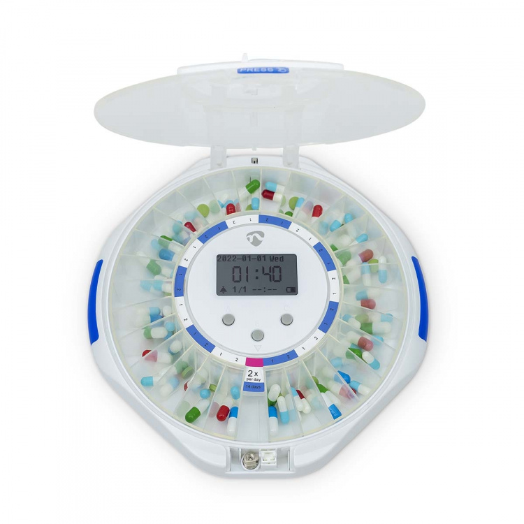 Nedis SmartLife Pill Dispenser | Wi-Fi | 28 Fack | Antal larmtider: 9 larmtider per dag | Ljus / Pip / Röst | LCD-skärm | Vit Nedis SmartLife Pill Dispenser | Wi-Fi | 28 Fack | Antal larmtider: 9 larmtider per dag | Ljus / Pip / Röst | LCD-skärm | Vit