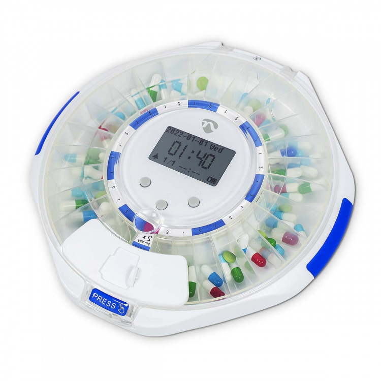 Nedis SmartLife Pill Dispenser | Wi-Fi | 28 Fack | Antal larmtider: 9 larmtider per dag | Ljus / Pip / Röst | LCD-skärm | Vit Nedis SmartLife Pill Dispenser | Wi-Fi | 28 Fack | Antal larmtider: 9 larmtider per dag | Ljus / Pip / Röst | LCD-skärm | Vit