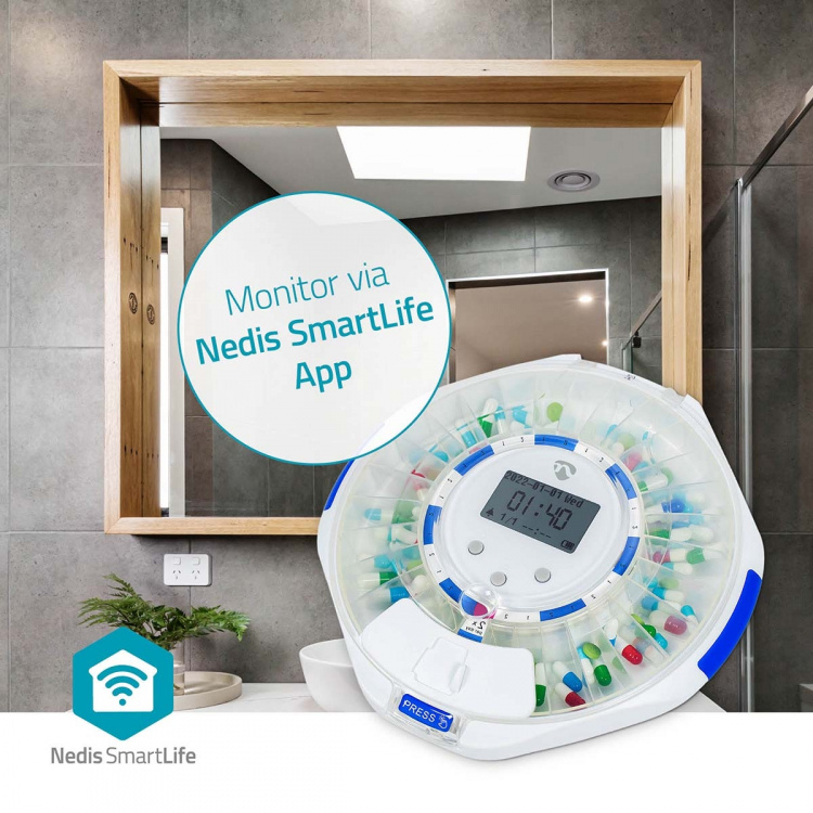Nedis SmartLife Pill Dispenser | Wi-Fi | 28 Fack | Antal larmtider: 9 larmtider per dag | Ljus / Pip / Röst | LCD-skärm | Vit Nedis SmartLife Pill Dispenser | Wi-Fi | 28 Fack | Antal larmtider: 9 larmtider per dag | Ljus / Pip / Röst | LCD-skärm | Vit