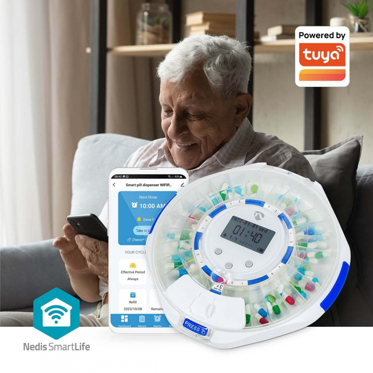 Nedis SmartLife Pill Dispenser | Wi-Fi | 28 Fack | Antal larmtider: 9 larmtider per dag | Ljus / Pip / Röst | LCD-skärm | Vit Nedis SmartLife Pill Dispenser | Wi-Fi | 28 Fack | Antal larmtider: 9 larmtider per dag | Ljus / Pip / Röst | LCD-skärm | Vit