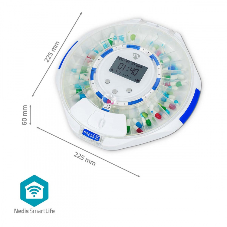 Nedis SmartLife Pill Dispenser | Wi-Fi | 28 Fack | Antal larmtider: 9 larmtider per dag | Ljus / Pip / Röst | LCD-skärm | Vit Nedis SmartLife Pill Dispenser | Wi-Fi | 28 Fack | Antal larmtider: 9 larmtider per dag | Ljus / Pip / Röst | LCD-skärm | Vit